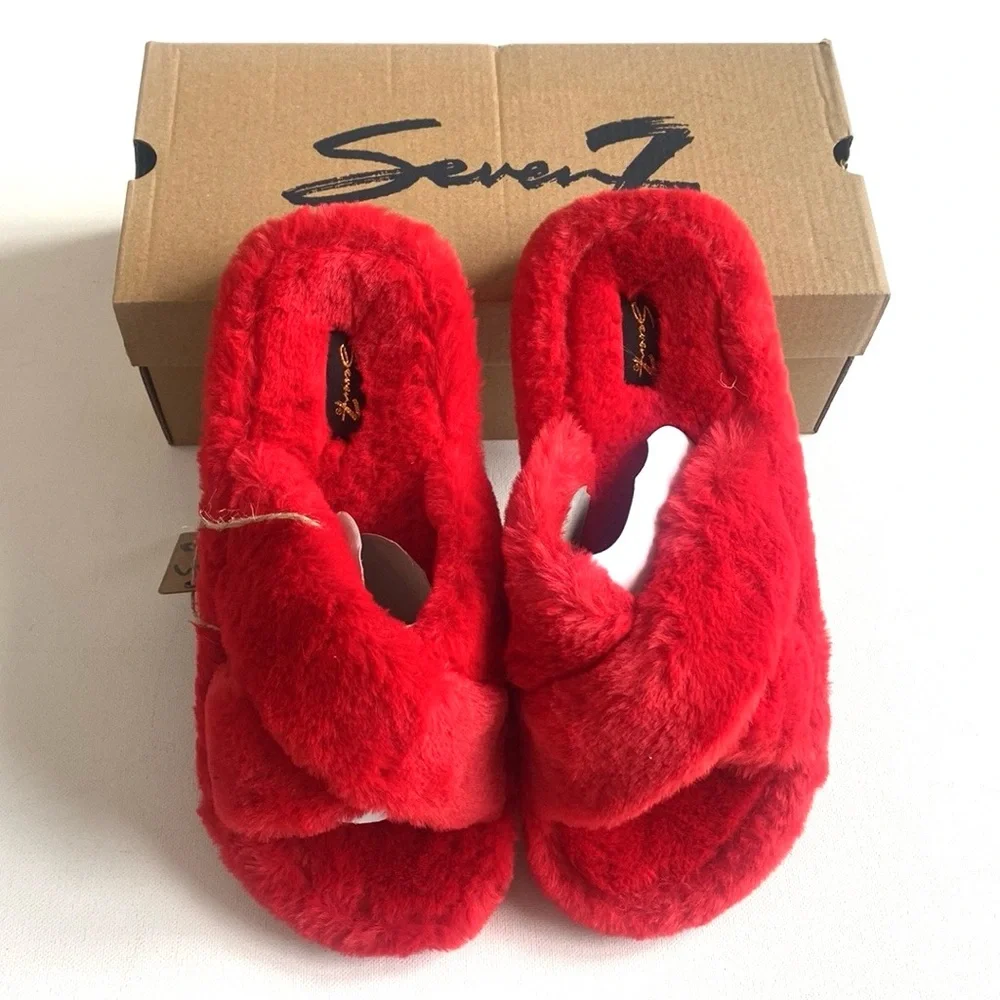 Seven7 Footwear - Kiki Faux Fur Slides Sandals - RED , Size ‎ 10, New in Box